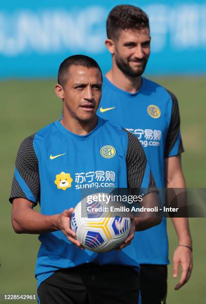 Alexis Sanchez of FC Internazionale looks on during the FC Internazionale training session at the club's training ground Suning Training Center in...