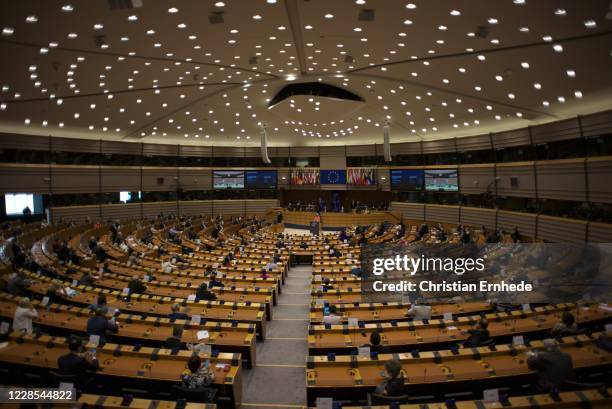 Ursula von der Leyen, president of the European Commission, addressing the European Parliament on September 16, 2020 in Brussels, Belgium. In the...