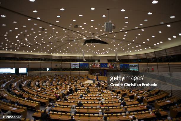 Ursula von der Leyen addressing the European Parliament on September 16, 2020 in Brussels, Belgium. In the wake of the Coronavirus pandemic and...