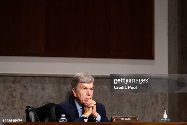 Subcommittee Chairman Roy Blunt, , listens during a hearing of the Senate Appropriations subcommittee reviewing coronavirus response efforts on...