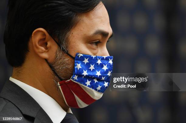 Vice Chair Rep. Joaquin Castro wears a face mask during a House Committee on Foreign Affairs hearing looking into the firing of State Department...