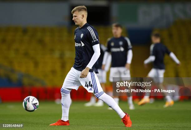 Leeds United's Mateusz Bogusz warming up before the Carabao Cup second round match at Elland Road, Leeds.