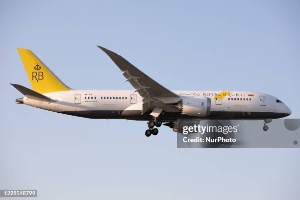 Royal Brunei Airlines Boeing 787 lands at London Heathrow Airport, England on Monday 14th September 2020.
