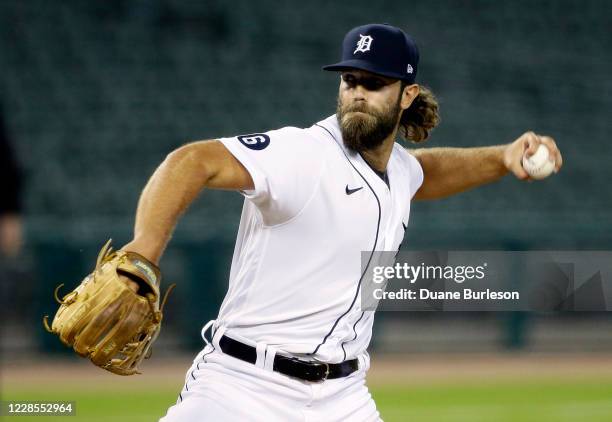 Daniel Norris of the Detroit Tigers pitches against the Kansas City Royals during the ninth inning at Comerica Park on September 16 in Detroit,...