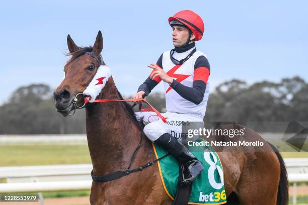 Jake Duffy returns to the mounting yard aboard Encircle after winning the bet365 Odds Drift Protector BM64 Handicap at Echuca Racecourse on September...