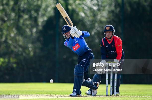 Down , United Kingdom - 17 September 2020; Stephen Doheny of Leinster Lightning plays a shot watched by Ruan Pretorius of Northern Knights during the...