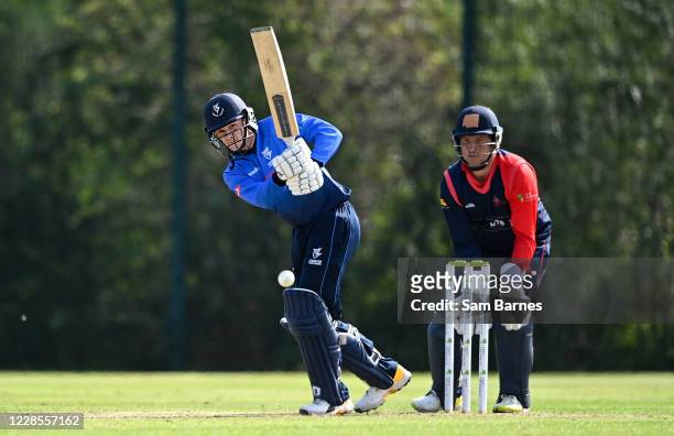 Down , United Kingdom - 17 September 2020; Stephen Doheny of Leinster Lightning plays a shot watched by Gary Wilson of Northern Knights during the...