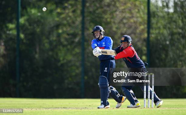 Down , United Kingdom - 17 September 2020; Stephen Doheny of Leinster Lightning plays a shot watched by Gary Wilson of Northern Knights during the...