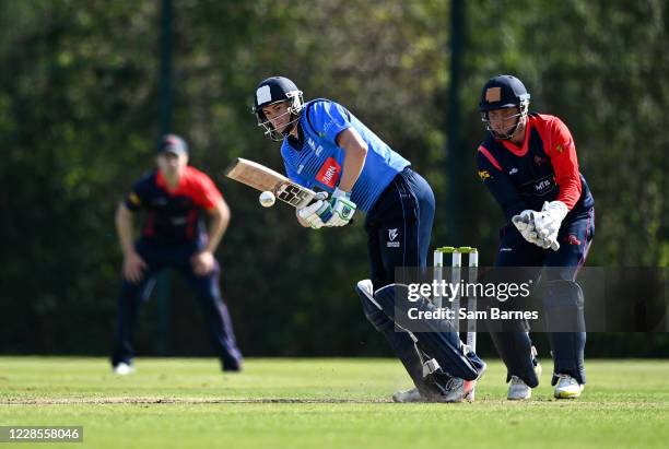 Down , United Kingdom - 17 September 2020; Greg Ford of Leinster Lightning plays a shot watched by Gary Wilson of Northern Knights during the Test...