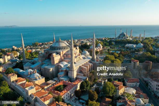 Drone photo shows Hagia Sophia Grand Mosque and The Blue Mosque in Istanbul, Turkey on September 16, 2020.