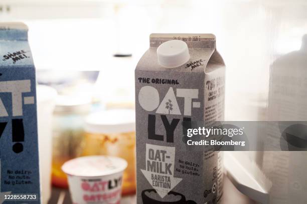 Carton of Oatly brand oat milk is arranged for a photograph in the Brooklyn borough of New York, U.S., on Wednesday, Sept. 16, 2020. Oatly AB is...