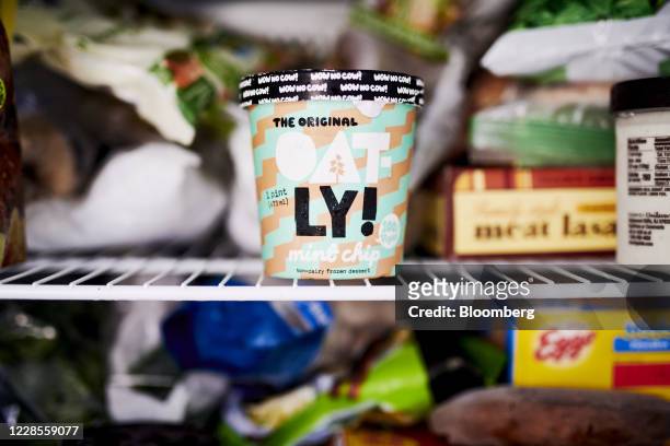 Pint of Oatly brand ice cream is arranged for a photograph in the Brooklyn borough of New York, U.S., on Wednesday, Sept. 16, 2020. Oatly AB is...