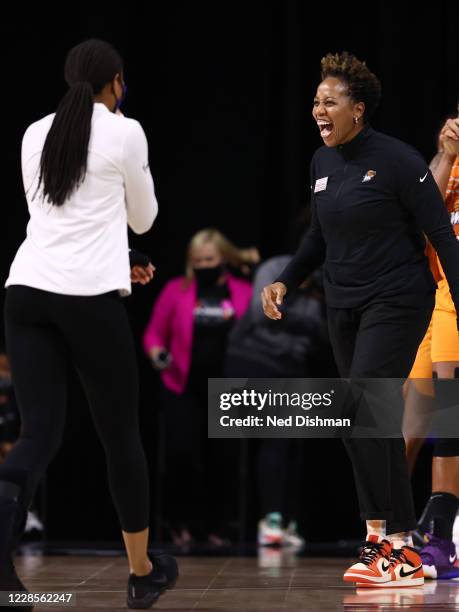 Chasity Melvin of the Phoenix Mercury celebrates after her team defeats the Washington Mystics on September 15, 2020 at Feld Entertainment Center in...