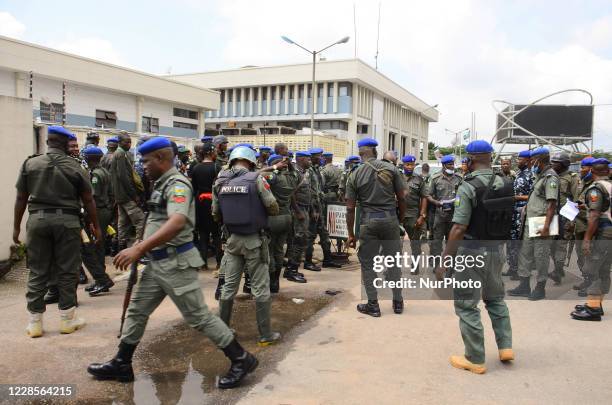 Nigerian Police Force block with truck the road leading to the state headquarters of Central Bank of Nigeria in Benin city, Edo State, on September...