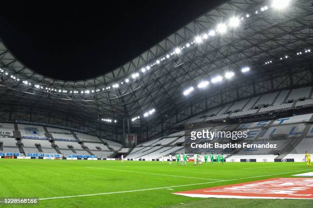 General view of empty stands during the French Ligue 1 soccer match between Marseille and Saint Etienne at Stade Velodrome on September 17, 2020 in...