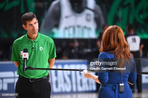 Reporter Rachel Nichols interviews Head Coach Brad Stevens of the Boston Celtics during the game between the Miami Heat and the Boston Celtics during...