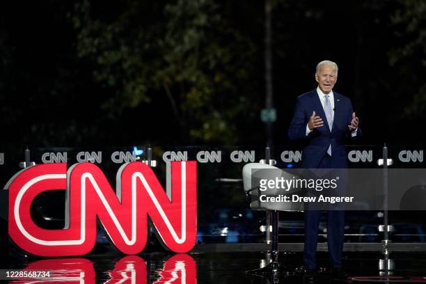 Democratic presidential nominee and former Vice President Joe Biden participates in a CNN town hall event on September 17, 2020 in Moosic,...
