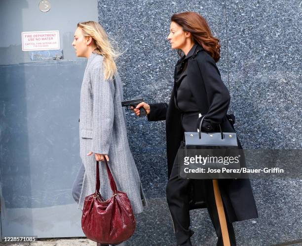 Kaley Cuoco and Michelle Gomez are seen at film set of 'The Flight Attendant' TV series on September 17, 2020 in New York City.