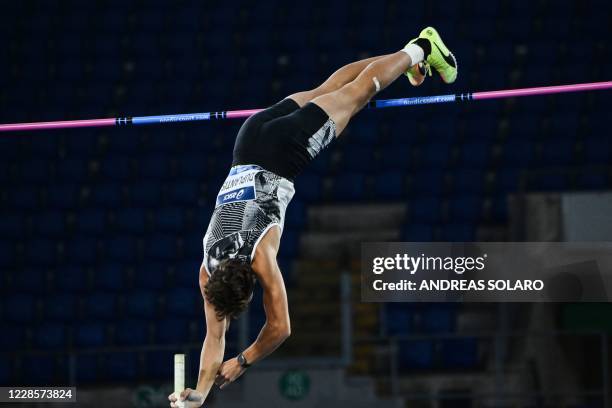 Sweden Armand Duplantis clears 6.15m to set a new Men's pole vault world record during the IAAF Diamond League competition on September 17, 2020 at...