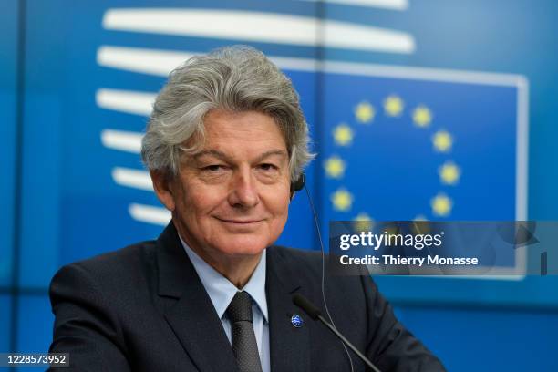 Commissioner for Internal Market headquarter Thierry Breton is talking to media at the end of an EU competitivness European Ministers virtual meeting...
