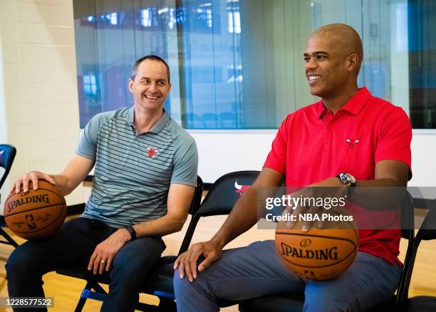Vice president of basketball operations of the Chicago Bulls, Arturas Karnisovas, introduces new General Manager Marc Eversley on August 19, 2020 in...