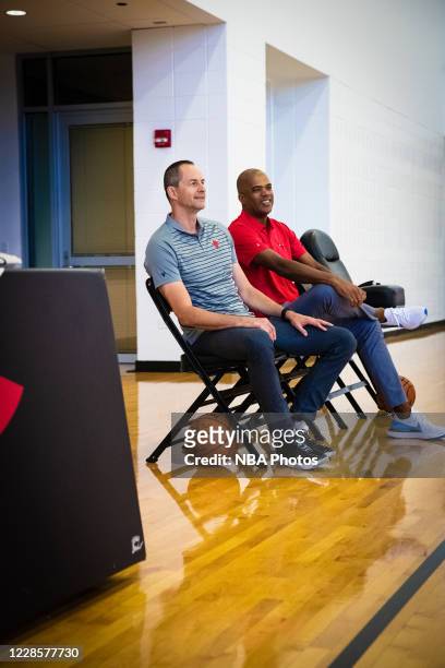 Vice president of basketball operations of the Chicago Bulls, Arturas Karnisovas, introduces new General Manager Marc Eversley on August 19, 2020 in...