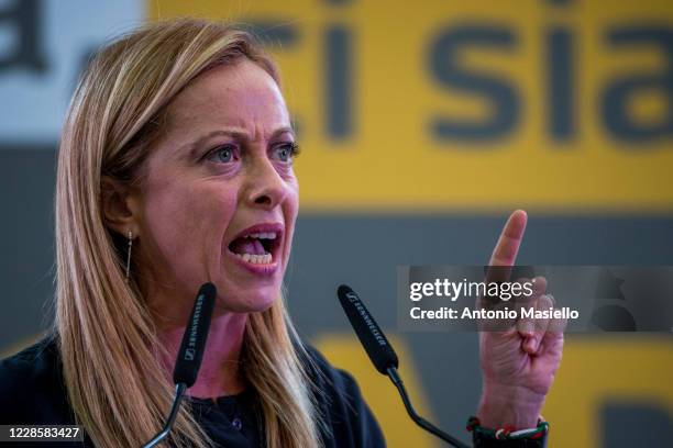 Giorgia Meloni leader of Fratelli dItalia delivers her speech during the closure event of the right-wing regional election campaign on September 18,...