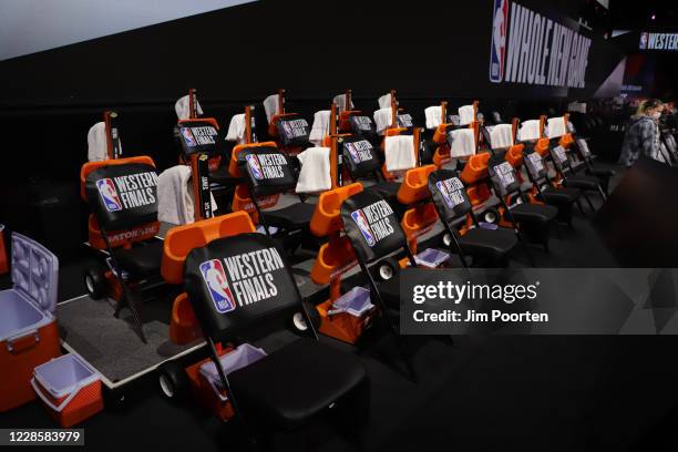 View of the Los Angeles Lakers benches for the game against the Denver Nuggets in Game one of the Western Conference Finals of the 2020 Playoffs as...