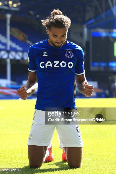 Dominic Calvert-Lewin of Everton celebrates scoring their 5th goal during the Premier League match between Everton and West Bromwich Albion at...