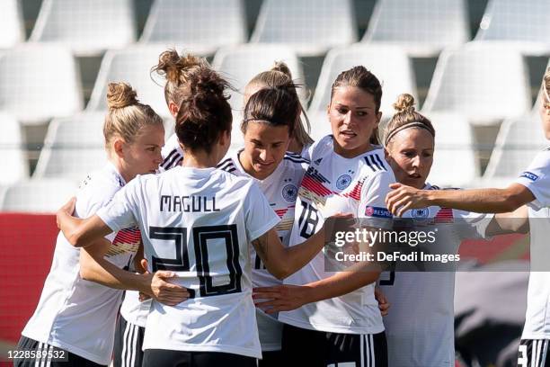 Dzsenifer Marozsan of Germany celebrates after scoring his team's second goal during the UEFA Women's EURO 2022 Qualifier between Germany Women's and...