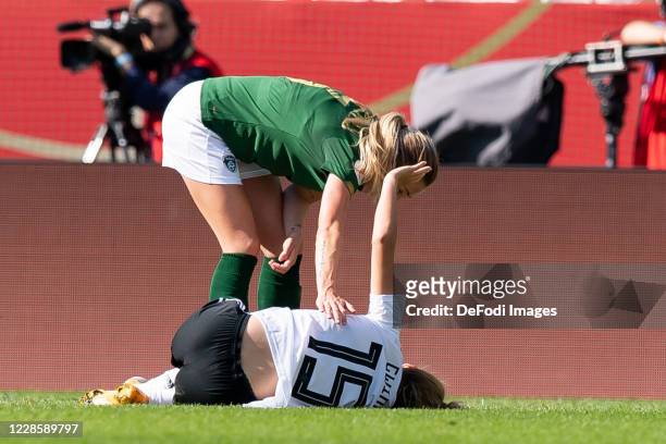 Giulia Gwinn of Germany is injured during the UEFA Women's EURO 2022 Qualifier between Germany Women's and Ireland Women's at Stadion Essen on...