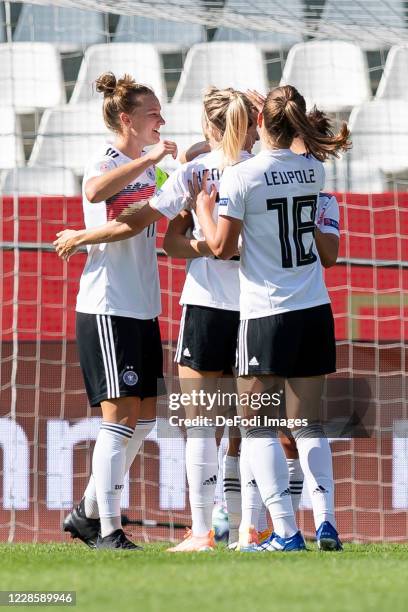 Lea Schueller of Germany celebrates after scoring his team's third goal during the UEFA Women's EURO 2022 Qualifier between Germany Women's and...