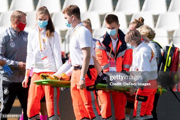 Giulia Gwinn of Germany is injured during the UEFA Women's EURO 2022 Qualifier between Germany Women's and Ireland Women's at Stadion Essen on...