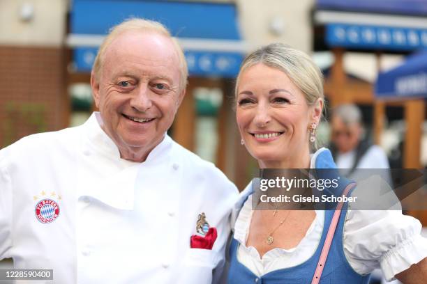 Host Alfons Schuhbeck and Monika Gruber during the Wirtshaus Wiesn opening at Schuhbeck's Orlando on September 19, 2020 in Munich, Germany.