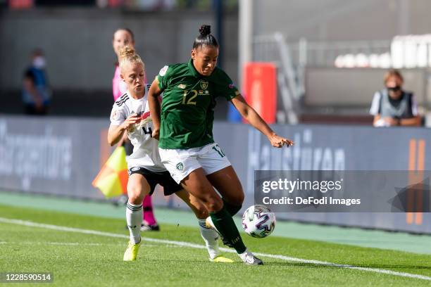 Leonie Maier of Germany and Rianna Lauren Jarrett of Republik Irland battle for the ball during the UEFA Women's EURO 2022 Qualifier between Germany...