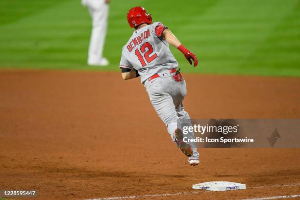 Los Angeles Angels of Anaheim catcher Anthony Bemboom rounds the bases after hitting a ninth inning solo homerun against the Colorado Rockies during...