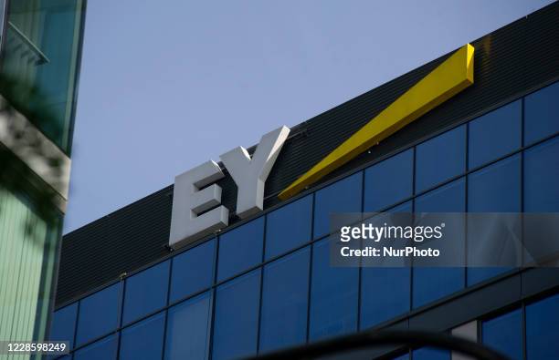 Ernst &amp; Young sign is seen on September 19, 2020 in Warsaw, Poland.