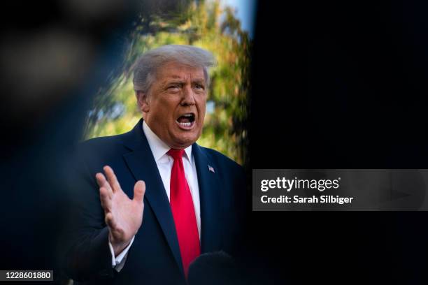 President Donald Trump speaks to members of the press prior to his departure from the White House on September 19, 2020 in Washington, DC. President...