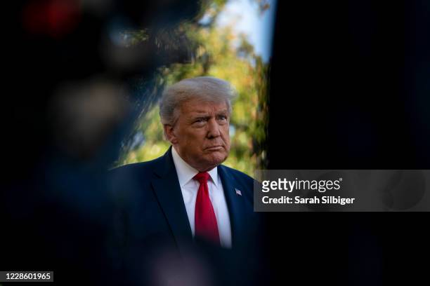 President Donald Trump speaks to members of the press prior to his departure from the White House on September 19, 2020 in Washington, DC. President...