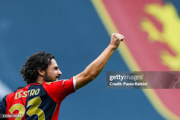 Mattia Destro of Genoa celebrates after scoring a goal during the Serie A match between Genoa CFC and Fc Crotone at Stadio Luigi Ferraris on...