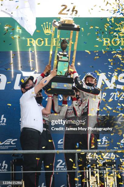 Race winners Kazuki Nakajima of Japan and Toyota Gazoo Racing, Sebastien Buemi of Switzerland and Toyota Gazoo Racing, and Brendon Hartley of New...