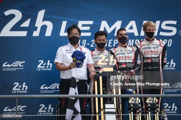 Race winners Kazuki Nakajima of Japan and Toyota Gazoo Racing, Sebastien Buemi of Switzerland and Toyota Gazoo Racing, and Brendon Hartley of New...