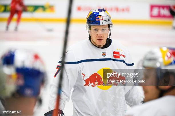 Philip Gogulla of EHC Red Bull Muenchen before the test match between the EC-KAC and the EHC Red Bull Muenchen on September 20, 2020 in Kitzbuehel,...