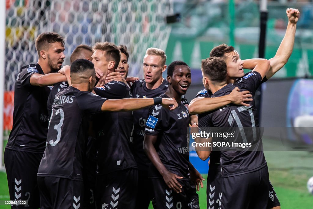 Players of Gornik Zabrze celebrate a goal during the Polish...