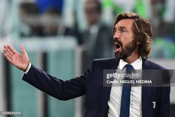 Juventus' Italian coach Andrea Pirlo reacts during the Italian Serie A football match Juventus vs Sampdoria on September 20, 2020 at the Juventus...