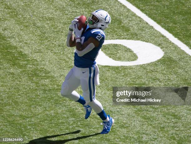 Nyheim Hines of the Indianapolis Colts catches a punt during the first half against the Minnesota Vikings at Lucas Oil Stadium on September 20, 2020...