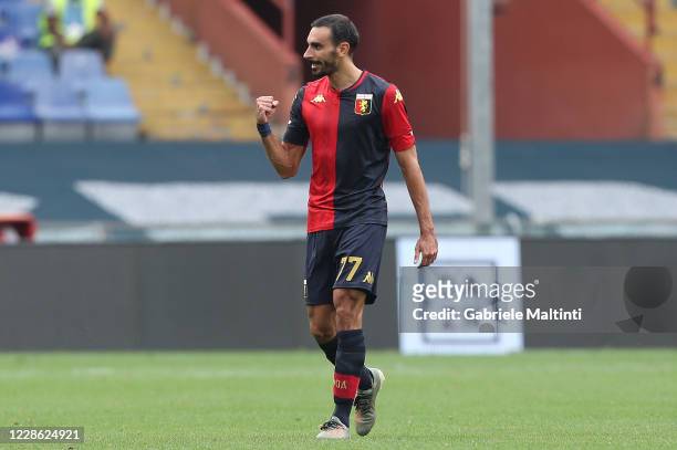 Davide Zappacosta of Genoa CFC celebrates after scoring a goal during the Serie A match between Genoa CFC and FC Crotone at Stadio Luigi Ferraris on...