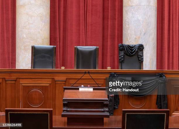In this handout photo provided by the Supreme Court of the United States, the bench and seat of Associate Justice Ruth Bader Ginsburg is draped in...