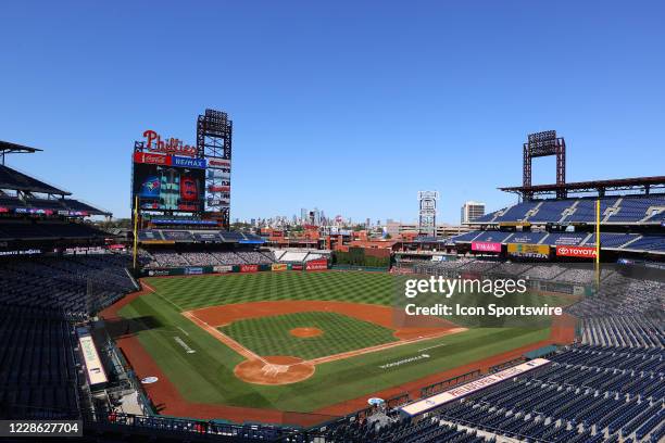 General view of Citizens Bank Ballpark and the Philadelphia skyline prior to the first inning of the Major League Baseball game between the...