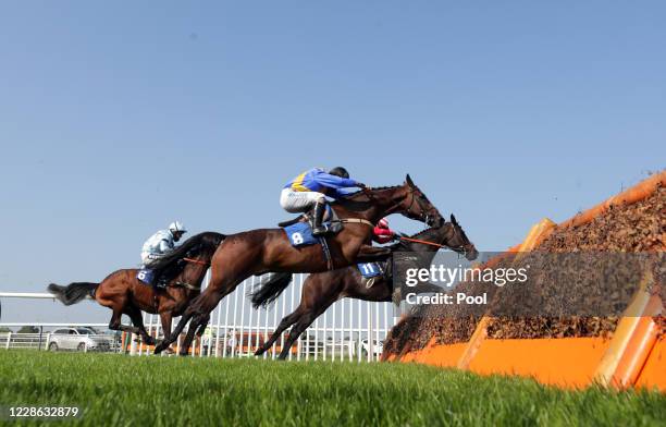 Especially So ridden by Tom Scudamore on their way to winning the Wigley Group Novices' Hurdle at Warwick Racecourse on September 21, 2020 in...